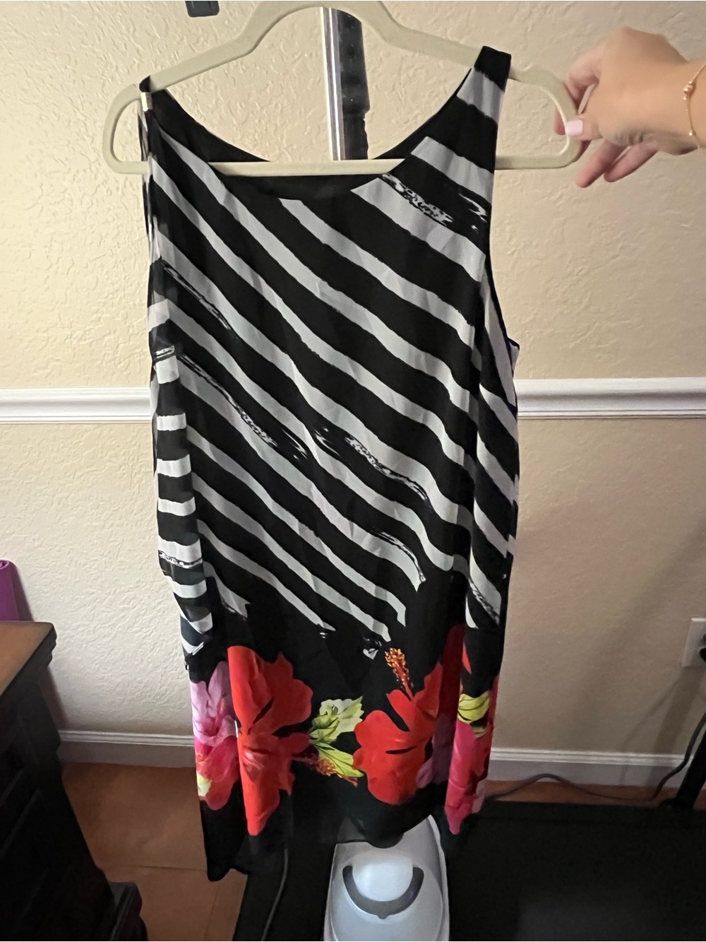 Black & White Striped Dress with Red Floral Hem